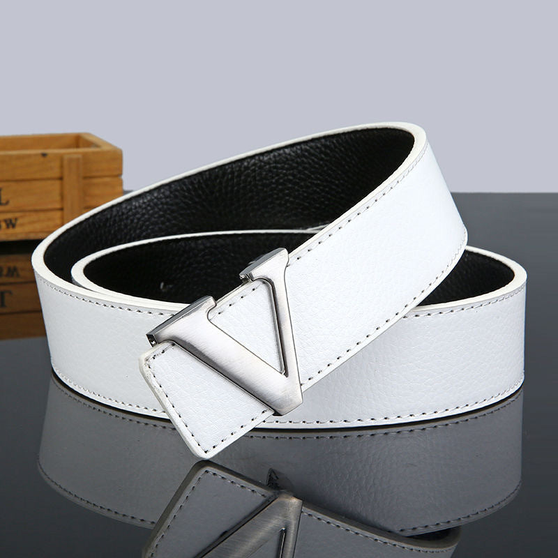 New V-Shape Genuine Cow Hide Leather Belt for Men and Young Men Casual with Trendy Jeans Alloy Buckle All-Match Fashion