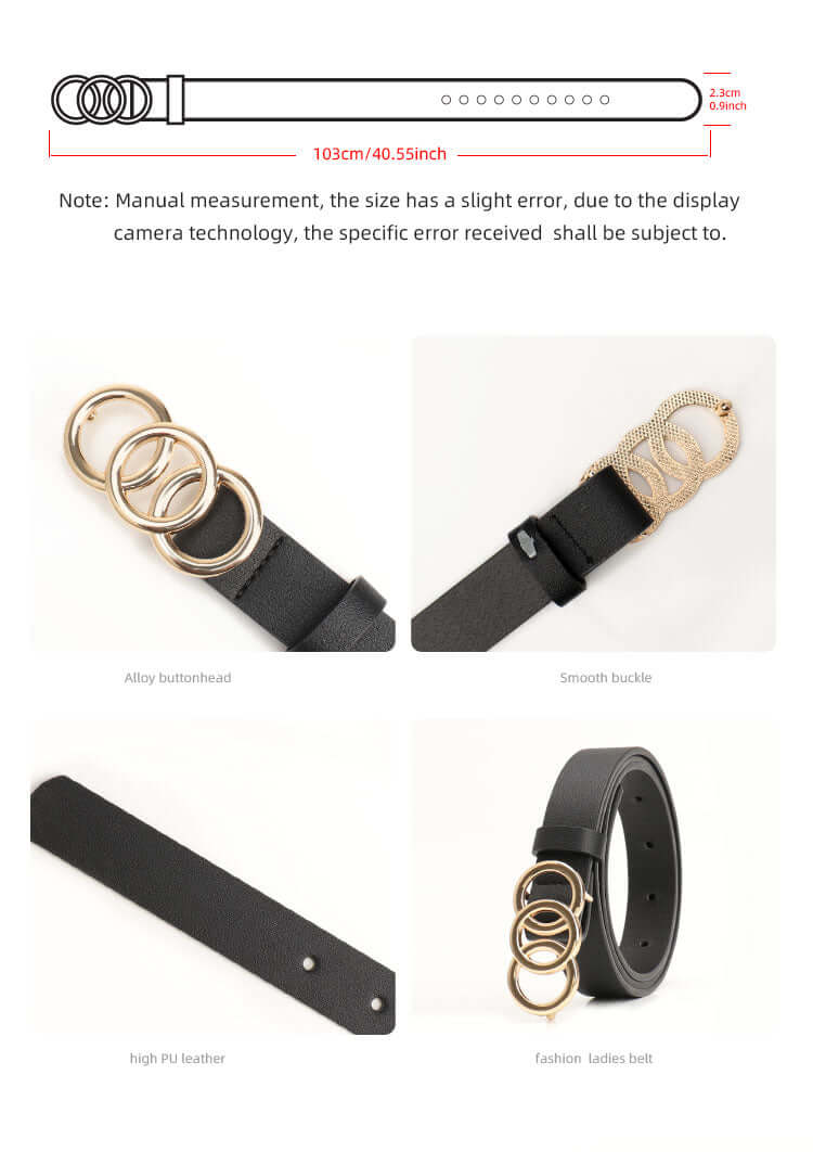 Women's Korean-Style PU Belt with Three Circle Plate Buckle Fashionable Ins Senior Sense for All Coat Denim the Belt for Women