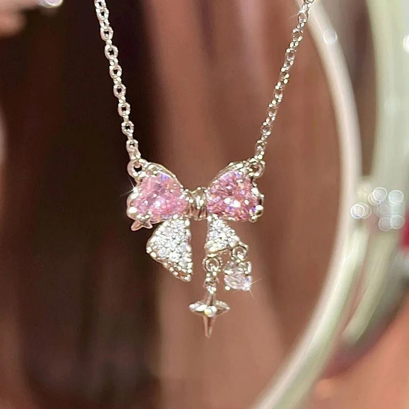 $10 christmas gifts Pink bow necklace sweet cool girl clavicle chain all-match light luxury high-end simple cool accessories $10 gift ideas