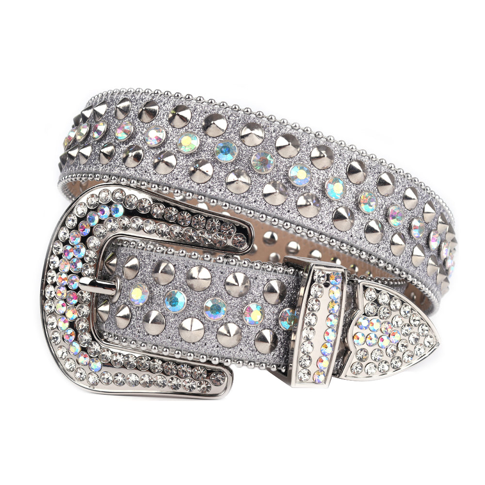 Bold&Eye-Catching Red Bling Bling Diamond Belt Rhinestone&Spike Studded Leather Belt