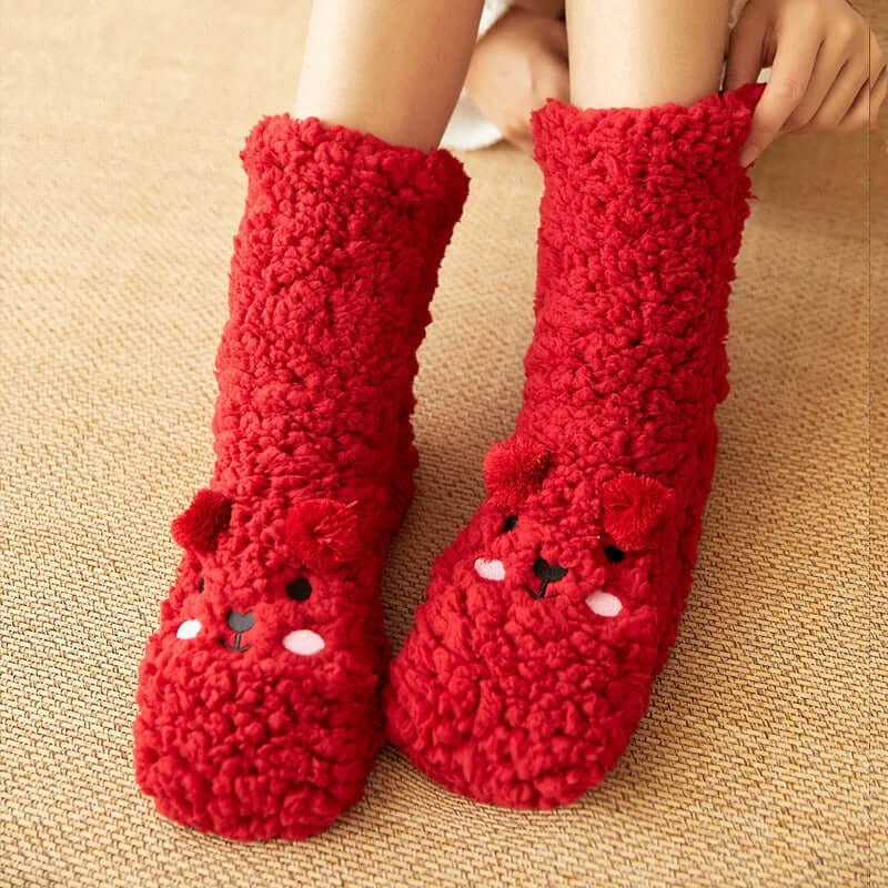 Floor Socks Women Autumn and Winter Velvet Coral Fleece Socks Sleep Home Slippers Snow Socks Confinement Bear Carpet Socks