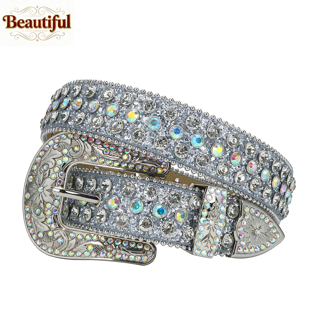 Floral Buckle Western Rhinestone Belt Man Designer BB Diamond Studded Leather Waist Belt Strap Cinturon De Diamantes