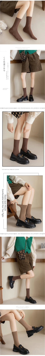 Women Elastic Socks Solid Color Fashion Classic Striped JK Socks Coffee Beige White Black Cotton Middle Tube Long Casual Socks