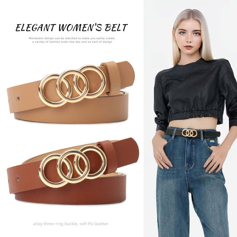 Women's Korean-Style PU Belt with Three Circle Plate Buckle Fashionable Ins Senior Sense for All Coat Denim the Belt for Women