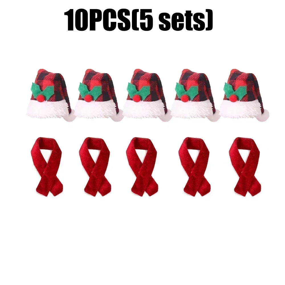 2025 xmas ornament Lots Christmas Wine Bottle Cover Cap Red Green Xmas Hats Scarf Home Ornament Festival Party Tableware Decoration Supplies 2025