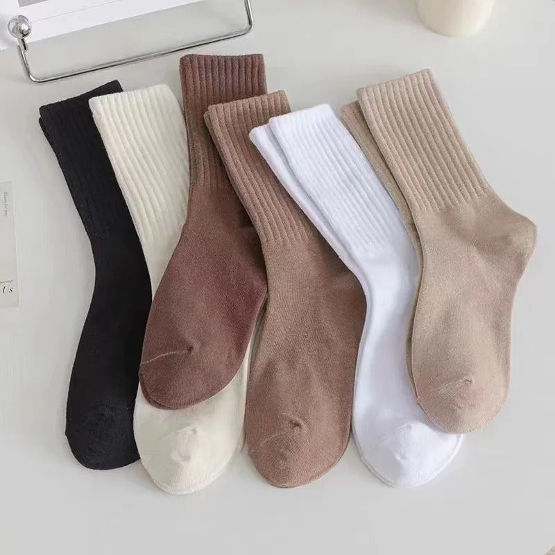 Women Elastic Socks Solid Color Fashion Classic Striped JK Socks Coffee Beige White Black Cotton Middle Tube Long Casual Socks